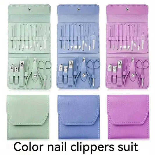 Pastel nail care kit with clippers, files, and scissors in mint, lavender, and pink cases