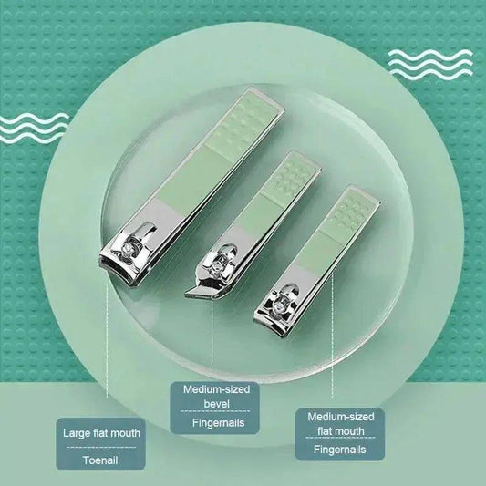Set of three nail clippers: toenail and fingernail trimmers with flat and bevel edges for precise manicure care