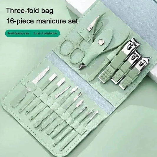 16-piece manicure set in mint green three-fold bag for women's nail care and beauty routines