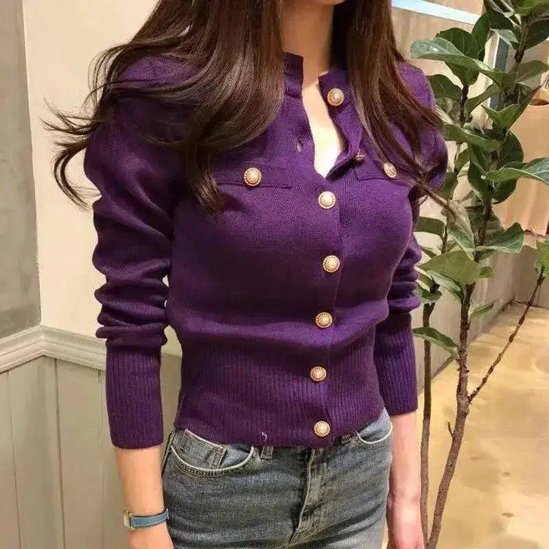 Purple button-up knit cardigan for women, stylish fashion top with gold buttons and ribbed texture