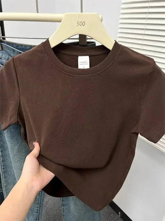 Brown women's cropped t-shirt on hanger, casual fashion top with round neck and short sleeves