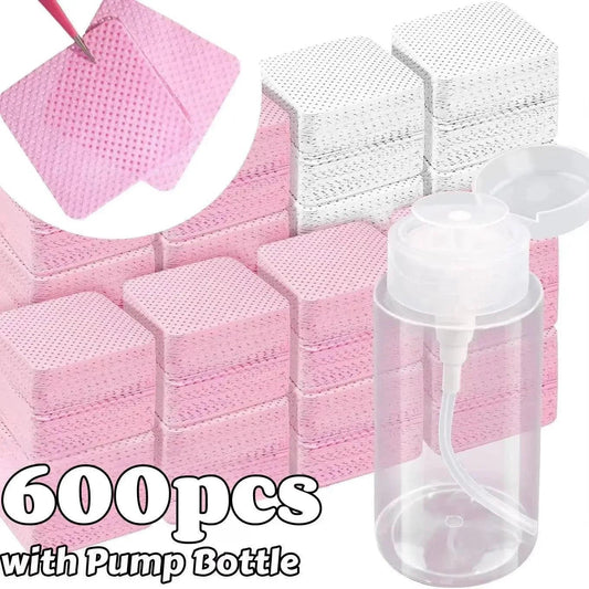 600pcs pink & white nail art wipes with pump bottle for salon or home use