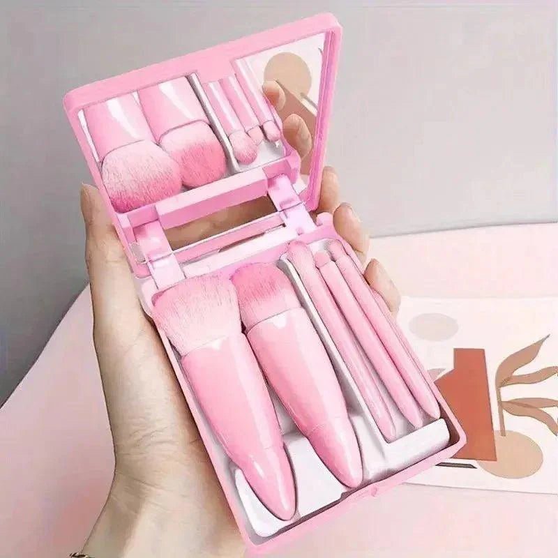 5Pcs Portable Makeup Brush Set With Mirror - Foldable Travel Kit ,Mini Makeup Brush Set Travel Makeup Brush Set - Womans Fashion