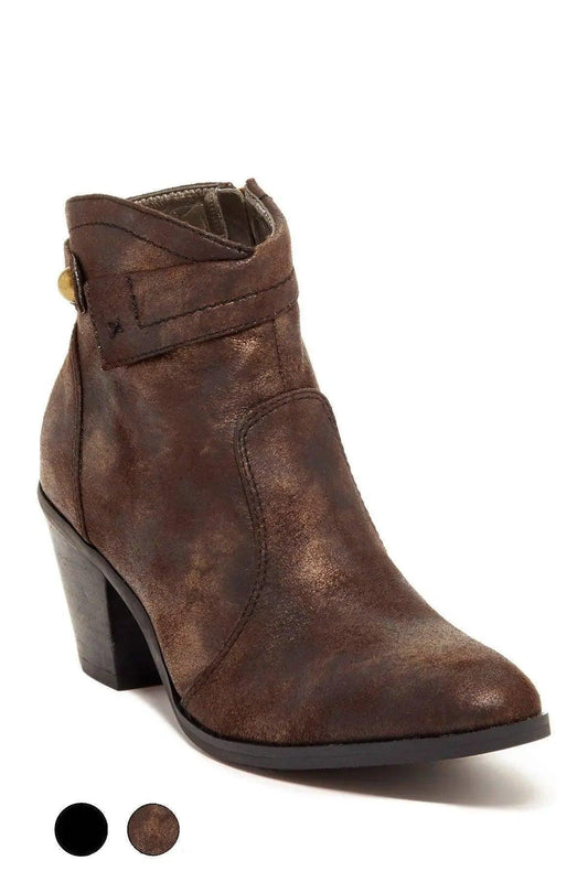 Brown women's ankle boot with block heel and side buckle, fashion footwear for casual wear