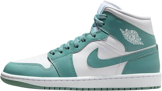 Mint green and white Air Jordan 1 high-top sneaker with Nike swoosh, perfect for women's fashion