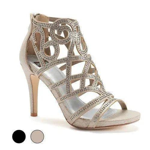 Elegant women's high-heeled sandals with crystal embellishments and cutout design, perfect for fashion events