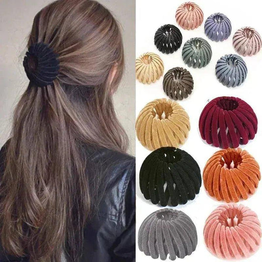 Velvet hair scrunchies in assorted colors, shown styled in woman's ponytail for chic, comfortable fashion