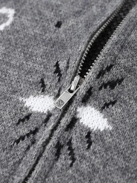 Grey zip-up sweater with geometric pattern, women's fashion