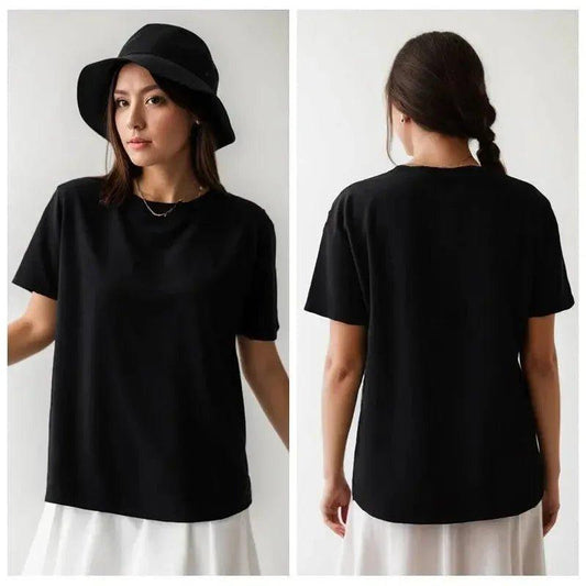 Black oversized t-shirt for women, front and back view with bucket hat and white skirt