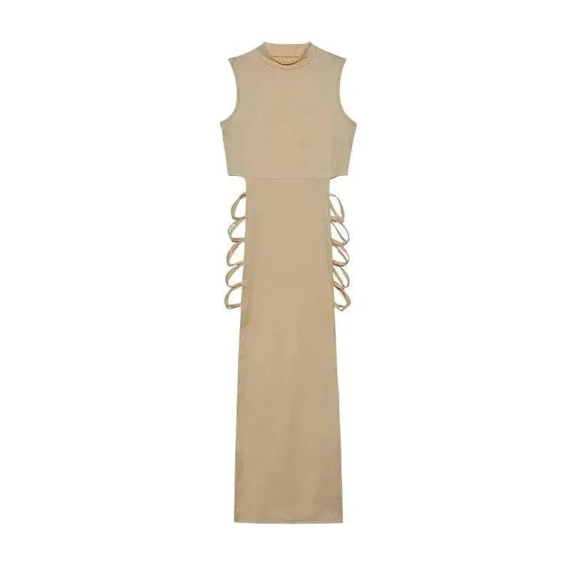 Beige sleeveless maxi dress with side lace-up detail, women's fashion
