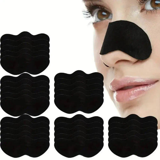 Black nose strips for blackhead removal, shown with woman's face, beauty skincare product