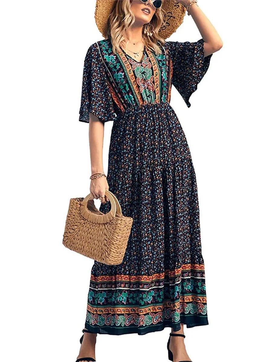 Elegant Casual Long Dress Boho Print Design Short Sleeve V Neck Summer Dress For Women 2024 Fashion - Womans Fashion