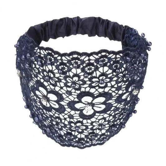 Elegant navy lace headband with floral design and pearl embellishments for women's fashion