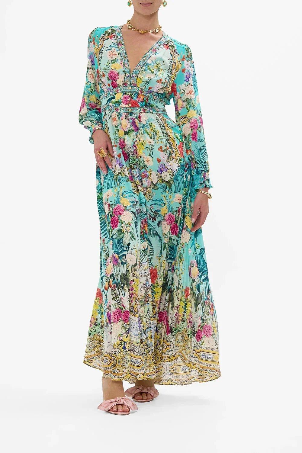 Floral print maxi dress with V-neck, long sleeves, and boho chic design for women's fashion