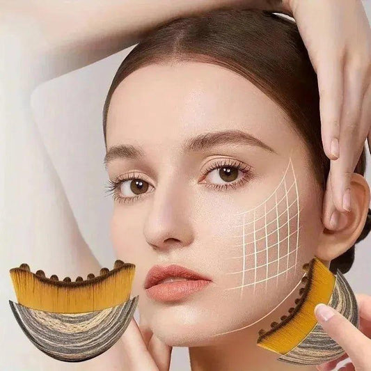 Woman using facial massage tool for skincare routine, promoting glowing skin and beauty