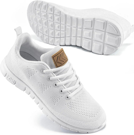 White women's mesh sneakers with gold heel tab, breathable design, and textured sole for comfort and style