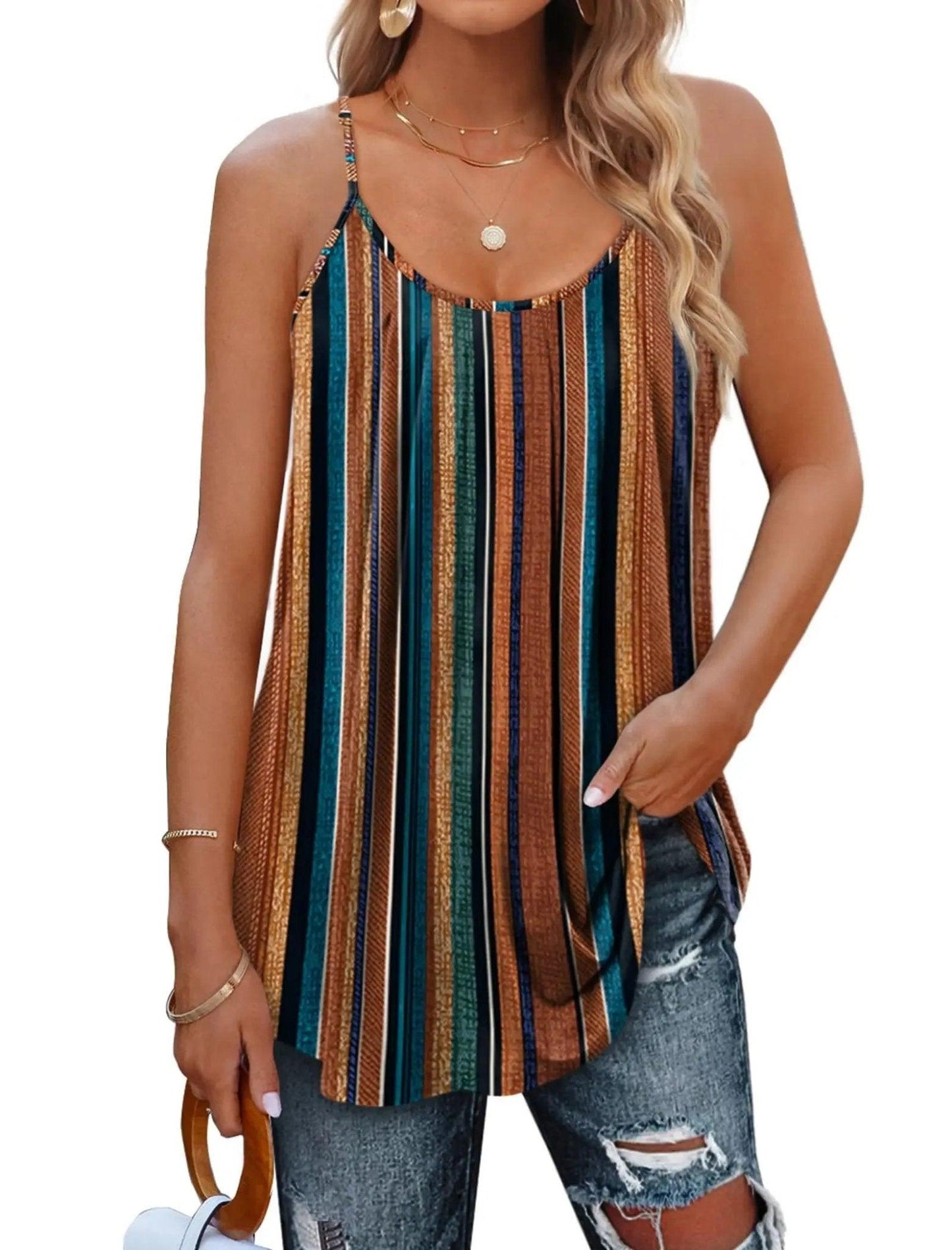Boho striped camisole top with thin straps, paired with ripped jeans and gold jewelry for women's fashion