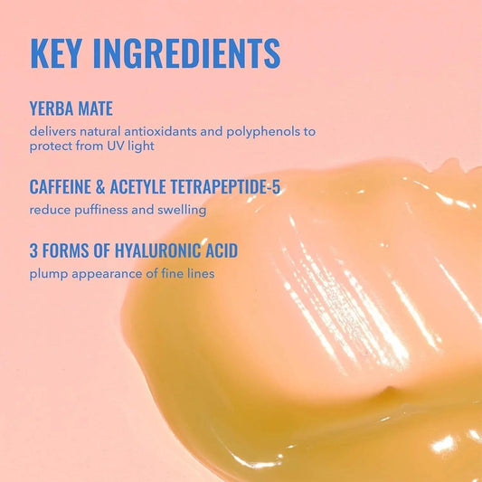 Beauty skincare product with key ingredients: yerba mate, caffeine, hyaluronic acid for anti-aging and UV protection