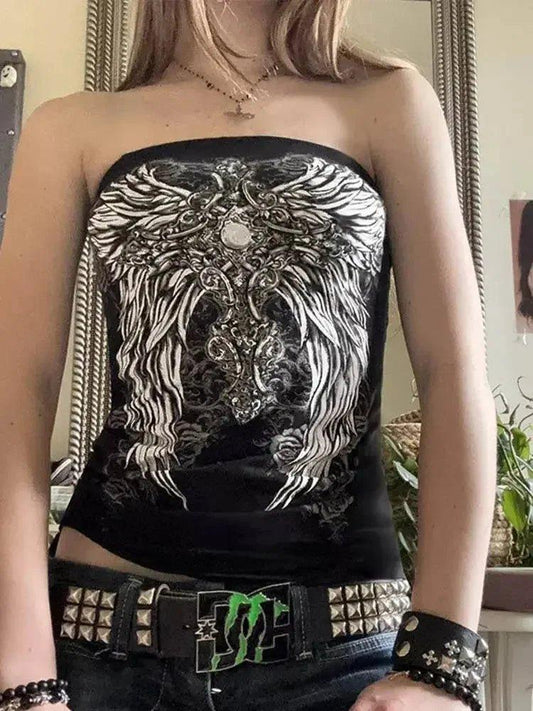 Black strapless top with white angel wings print, edgy fashion for women