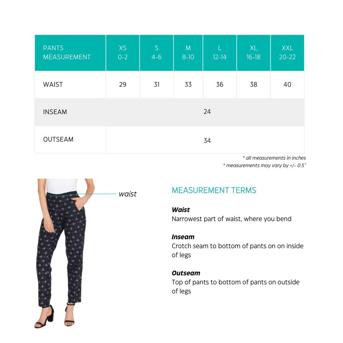 Women's patterned pants size chart with waist, inseam, outseam measurements for fashion clothing