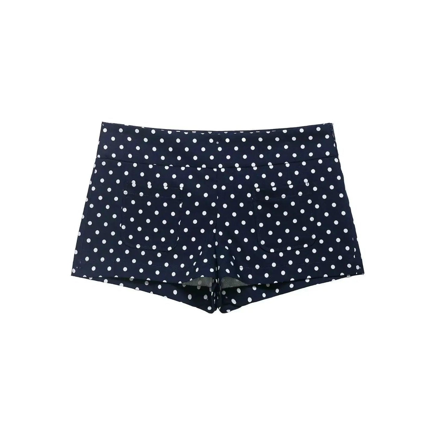 Navy blue polka dot women's shorts with back pockets, stylish fashion bottom