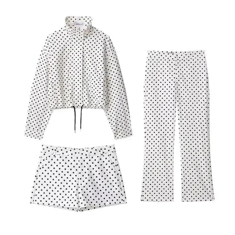 Women's polka dot outfit set with cropped top, shorts, and pants for stylish fashion looks