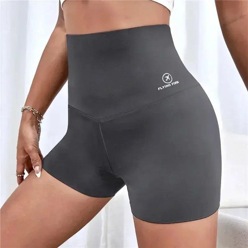 High-waisted black workout shorts with 'Flying Fork' logo, women's fitness apparel