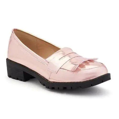 Pink metallic women's loafer with bow detail and chunky sole
