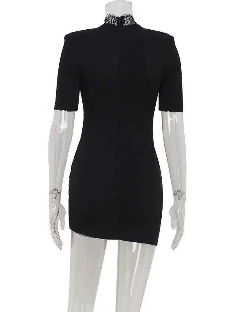 Black short sleeve dress with lace neckline, women's fashion