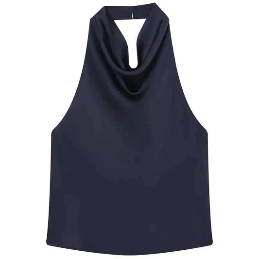 Navy blue sleeveless top with cowl neckline for women's fashion