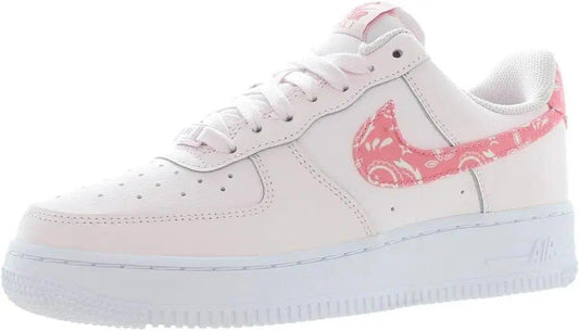 White women's sneaker with pink floral Nike swoosh, casual fashion footwear