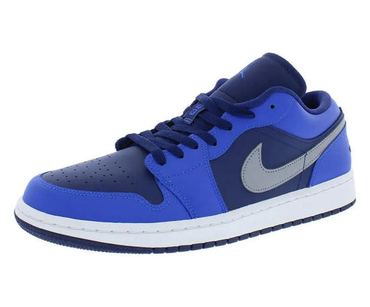 Blue and navy Nike Air Jordan 1 low-top sneaker with white sole and silver swoosh, women's fashion footwear