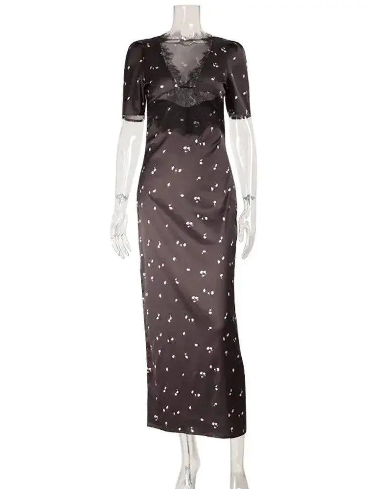 Elegant black floral print midi dress with lace overlay and short sleeves, perfect for women's fashion