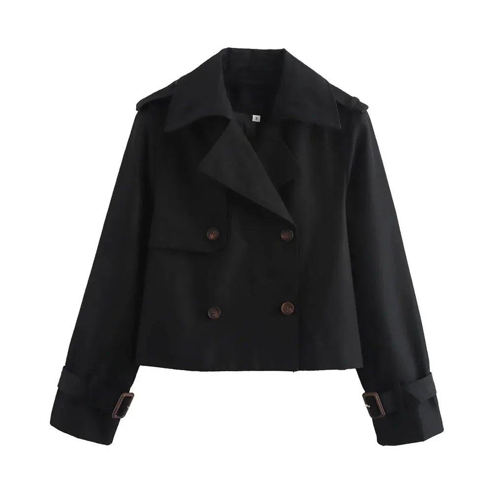 Black women's double-breasted trench coat with belt cuffs, stylish fashion outerwear