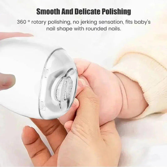 Baby nail care tool with smooth 360° polishing for delicate infant nails, gentle on rounded fingertips