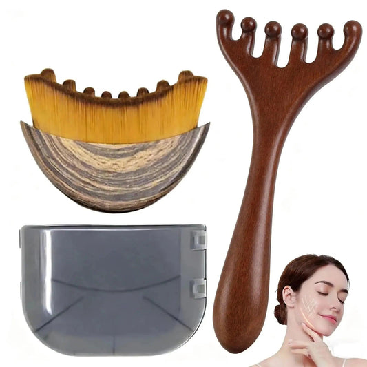 Wooden scalp massager, bamboo hair brush, and travel case for beauty & self-care routines