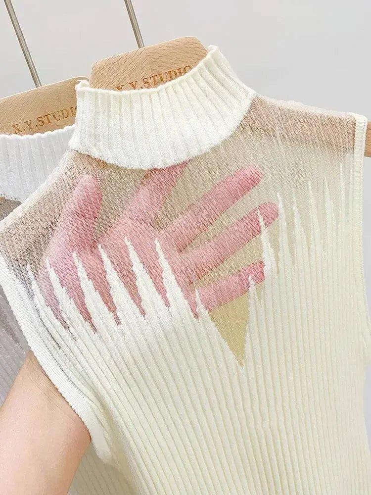 Cream ribbed turtleneck sleeveless top, sheer mesh overlay, women's fashion