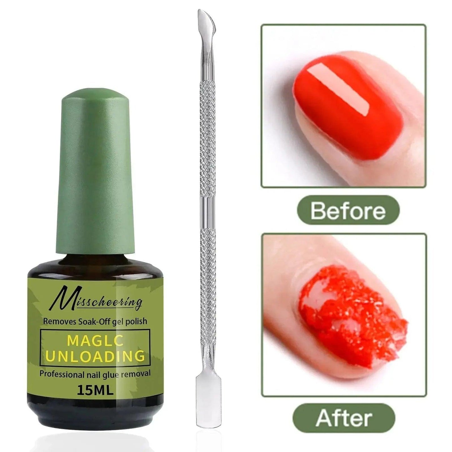 Misscheering Magic Unloading gel polish remover with nail tool, before and after removal results