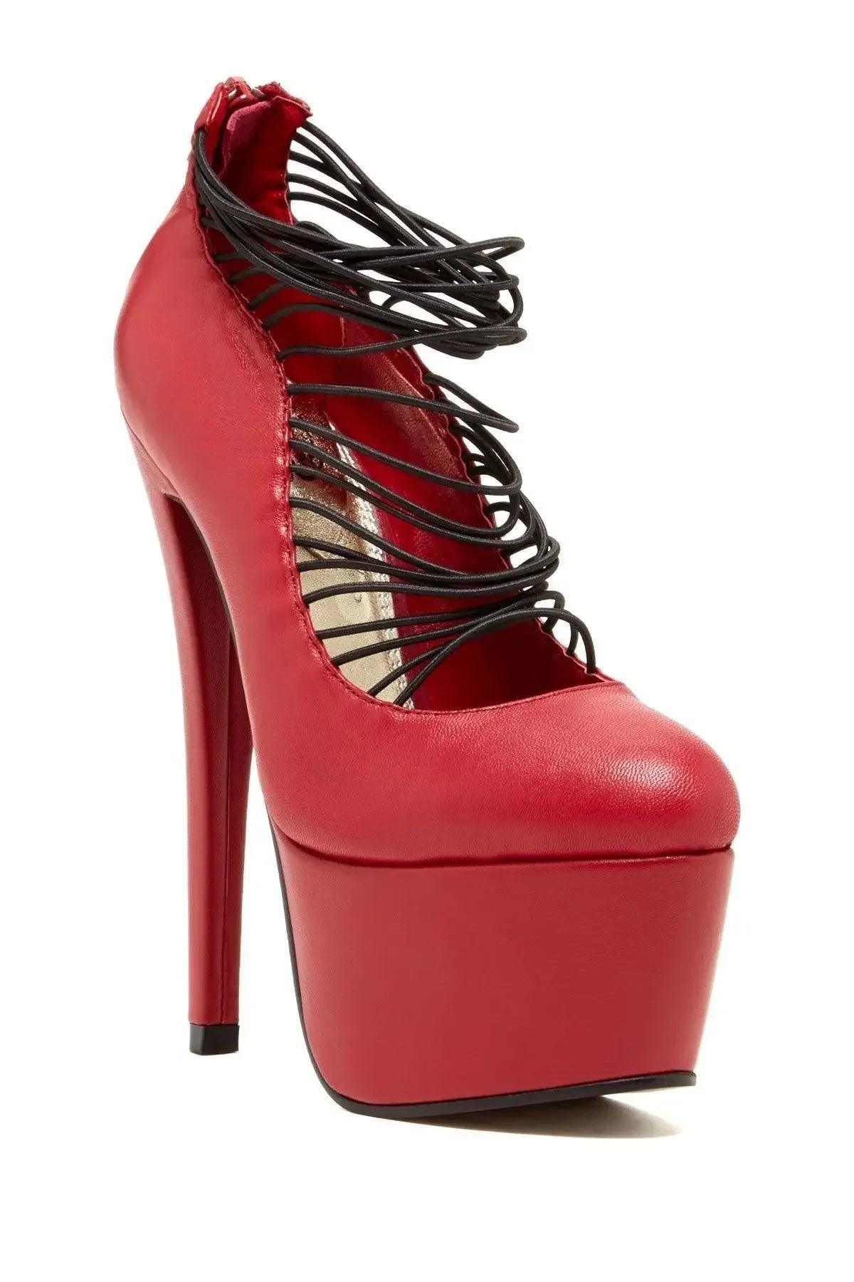 Red platform high heels with black lace-up detailing, women's fashion footwear