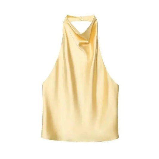 Elegant yellow satin halter top for women's fashion, perfect for stylish outfits