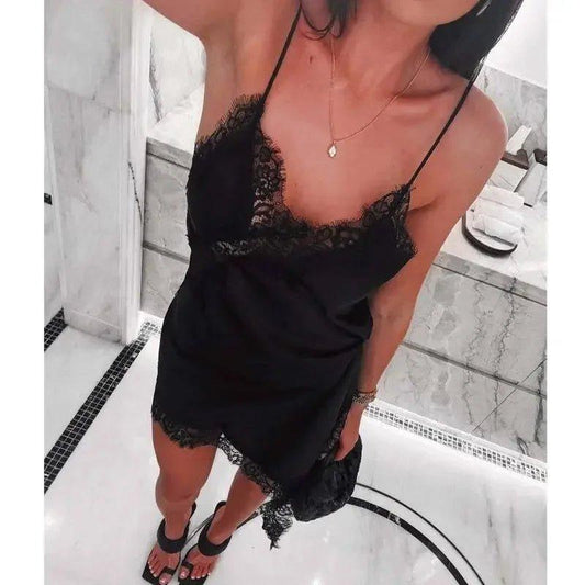 Black lace trim satin slip dress for women, elegant nightwear in luxury bathroom setting