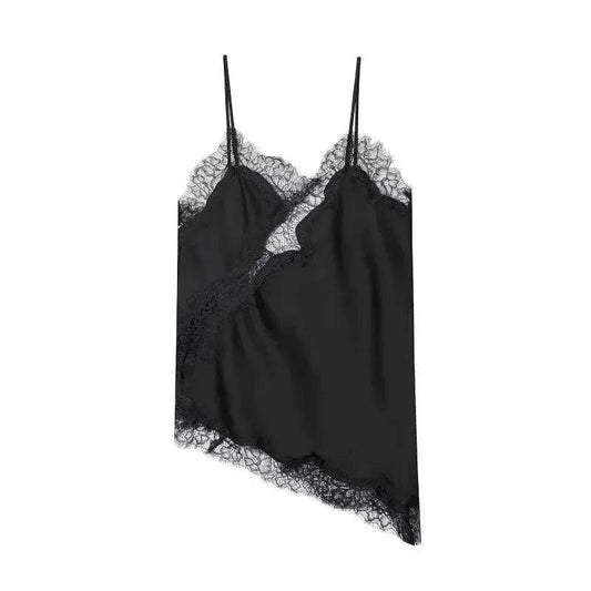 Black lace-trimmed satin camisole for women's fashion
