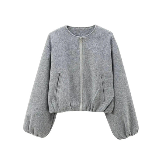 Gray cropped bomber jacket with puff sleeves and front pockets, women's fashion outerwear
