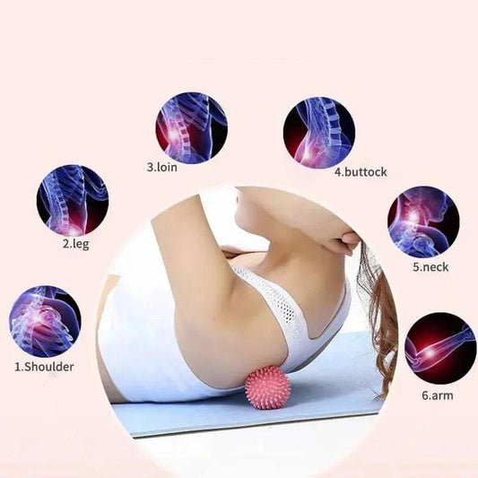 Woman using pink spiky massage ball for shoulder, back, neck, and arm pain relief