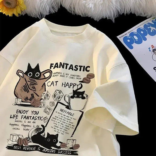 Cream graphic tee with cute cat print, 'Fantastic Cat Happy' text, and coffee theme for women's fashion