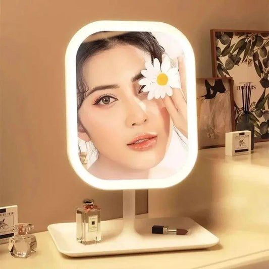 LED vanity mirror with woman holding daisy, beauty makeup setup for fashion lovers