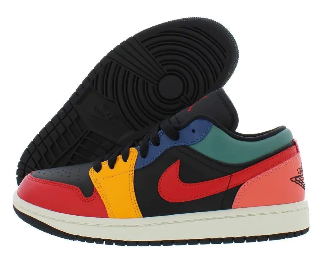 Colorful Nike Air Jordan 1 Low sneaker with black, red, yellow, blue, and green panels, white sole, and visible Nike swoosh