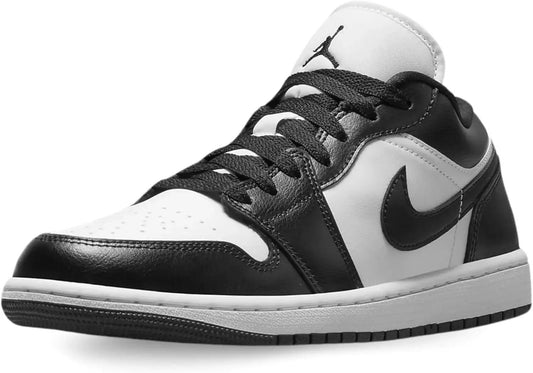 Black and white Air Jordan 1 sneaker with Nike swoosh, classic low-top design for women's fashion