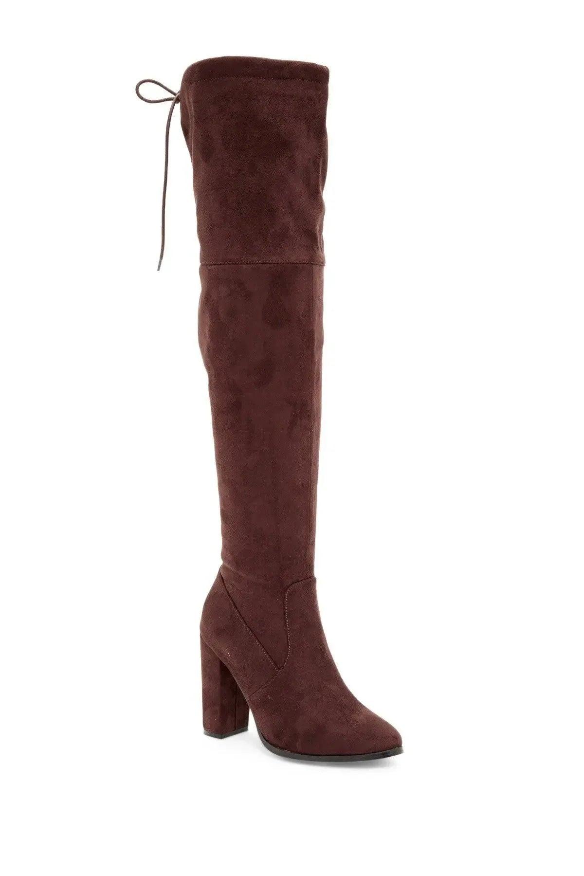 Brown suede over-the-knee boots with block heel and side tie detail for women's fashion