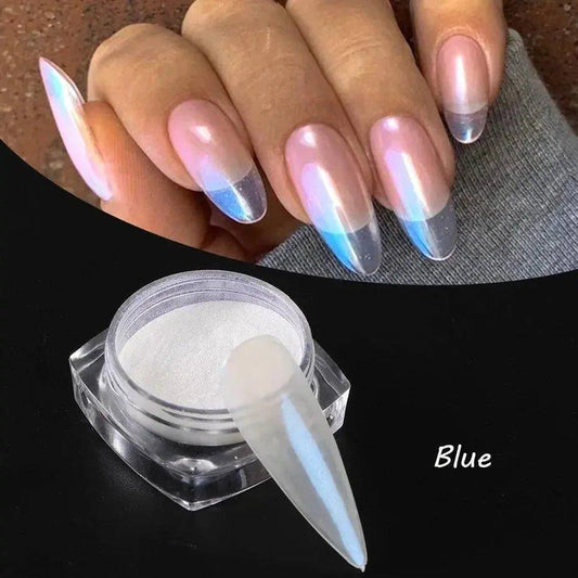 Iridescent blue nail powder for holographic ombre manicure, shown with long stiletto nails and product jar